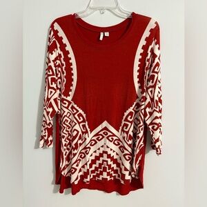 CATO Womens Aztec Print Shirt Top 14/16W Tunic Rust Ivory 3/4 Sleeve